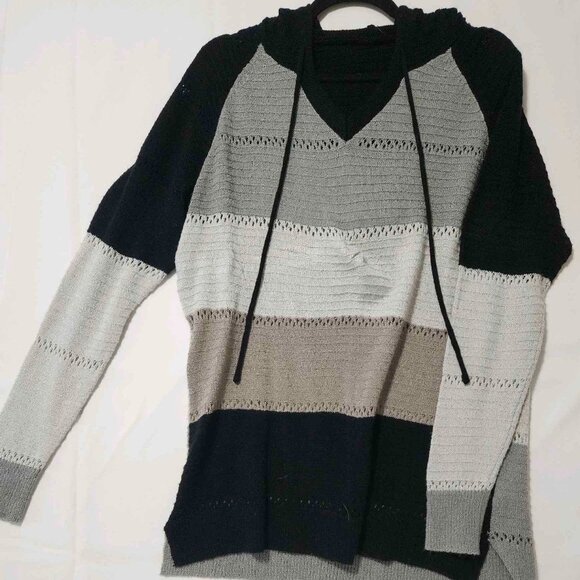 Striped Knit Hoodie Sweater – Black, Gray & Taupe Colorblock - Picture 1 of 3